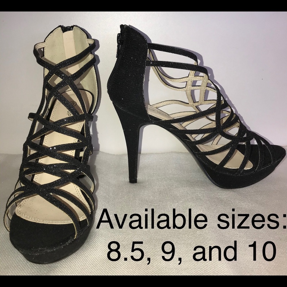 Women’s black strappy glitter heels